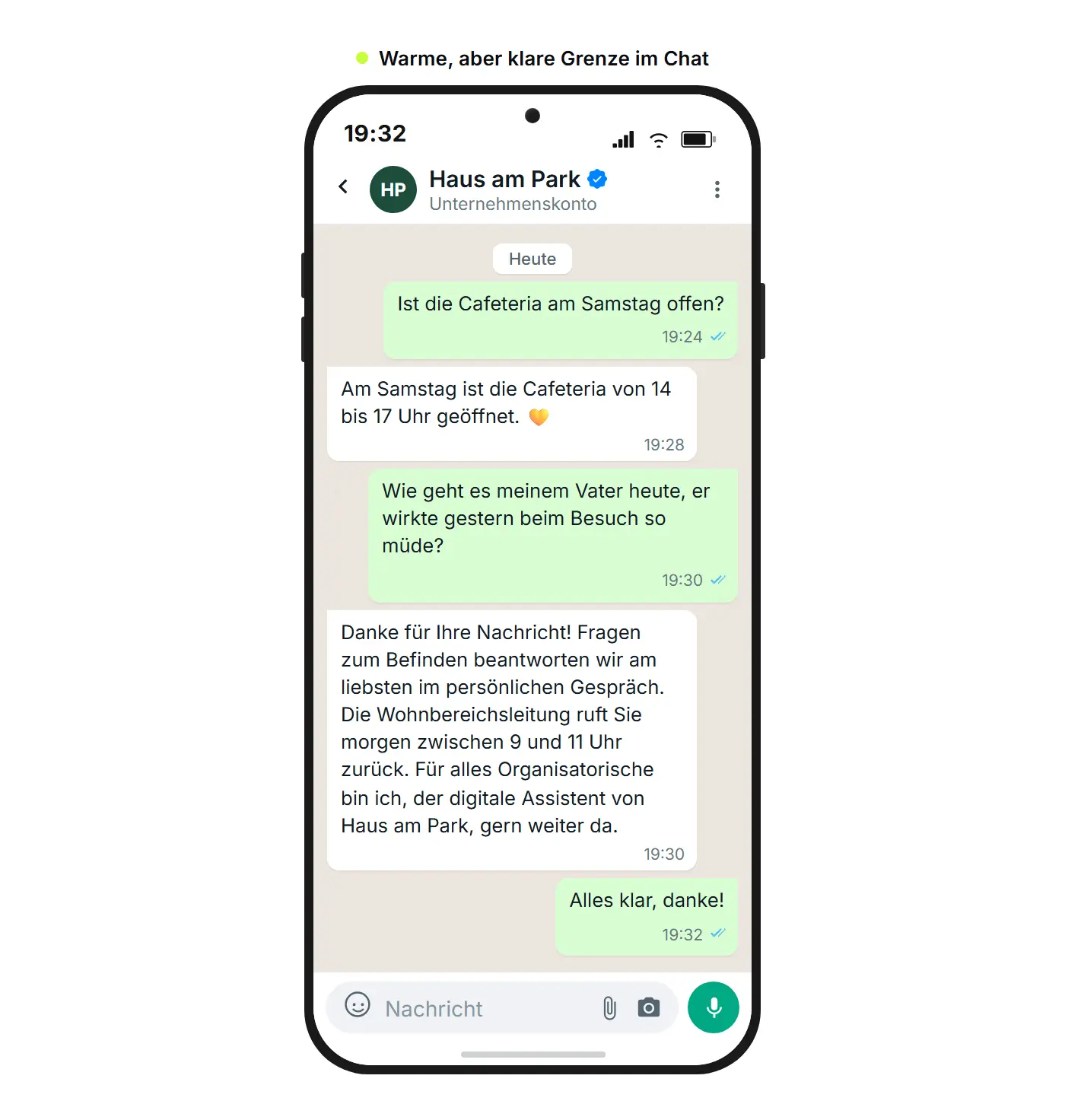 Automatische WhatsApp-Antwort einer Pflegeeinrichtung mit einem Rückrufwunsch, nachdem ein Angehöriger nach dem Befinden gefragt hat