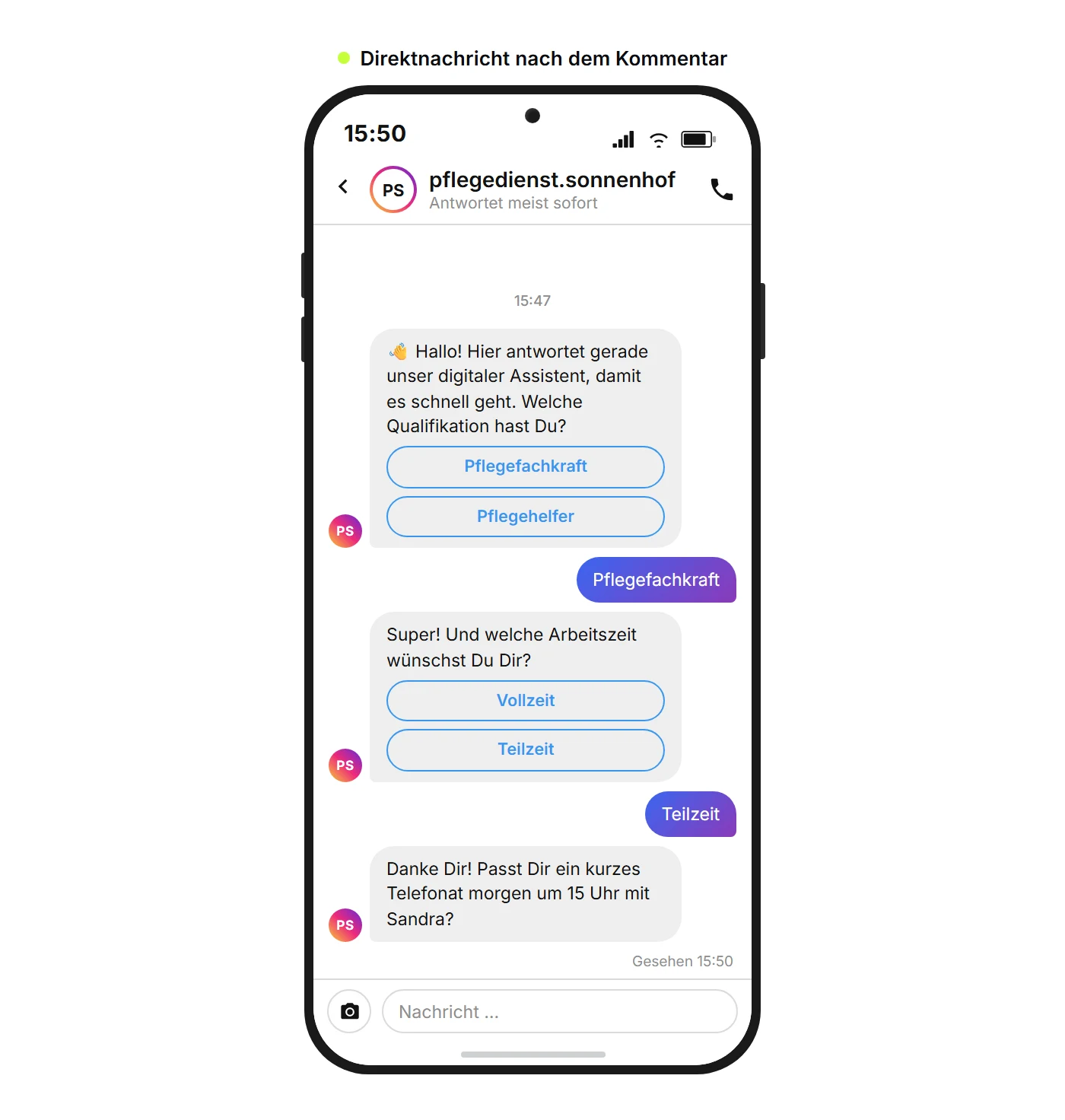 Chatverlauf einer Instagram-Direktnachricht in der Pflege mit automatisierten Fragen zur Vorqualifizierung und Schnellantwort-Buttons