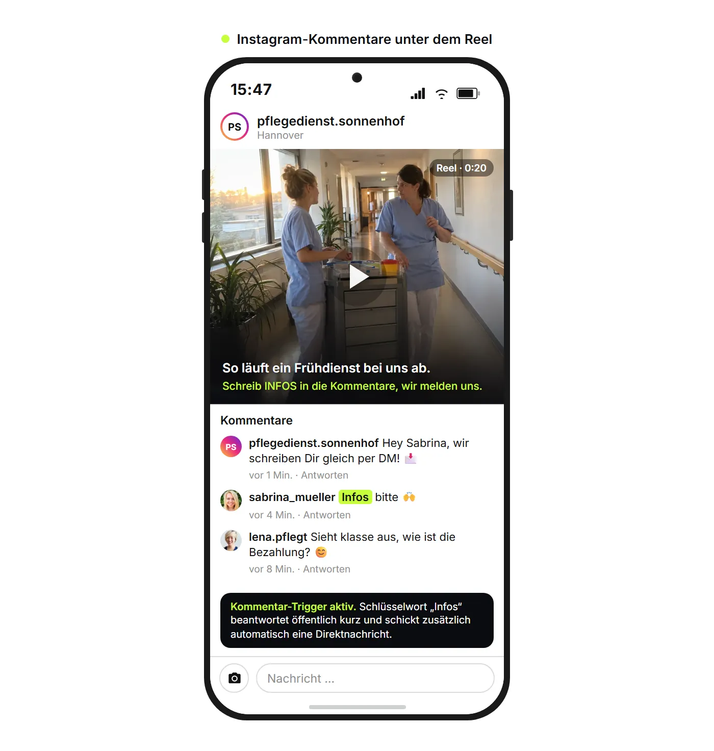 Instagram-Reel eines Pflegedienstes mit dem Kommentar INFOS und der automatischen öffentlichen Antwort unter dem Beitrag