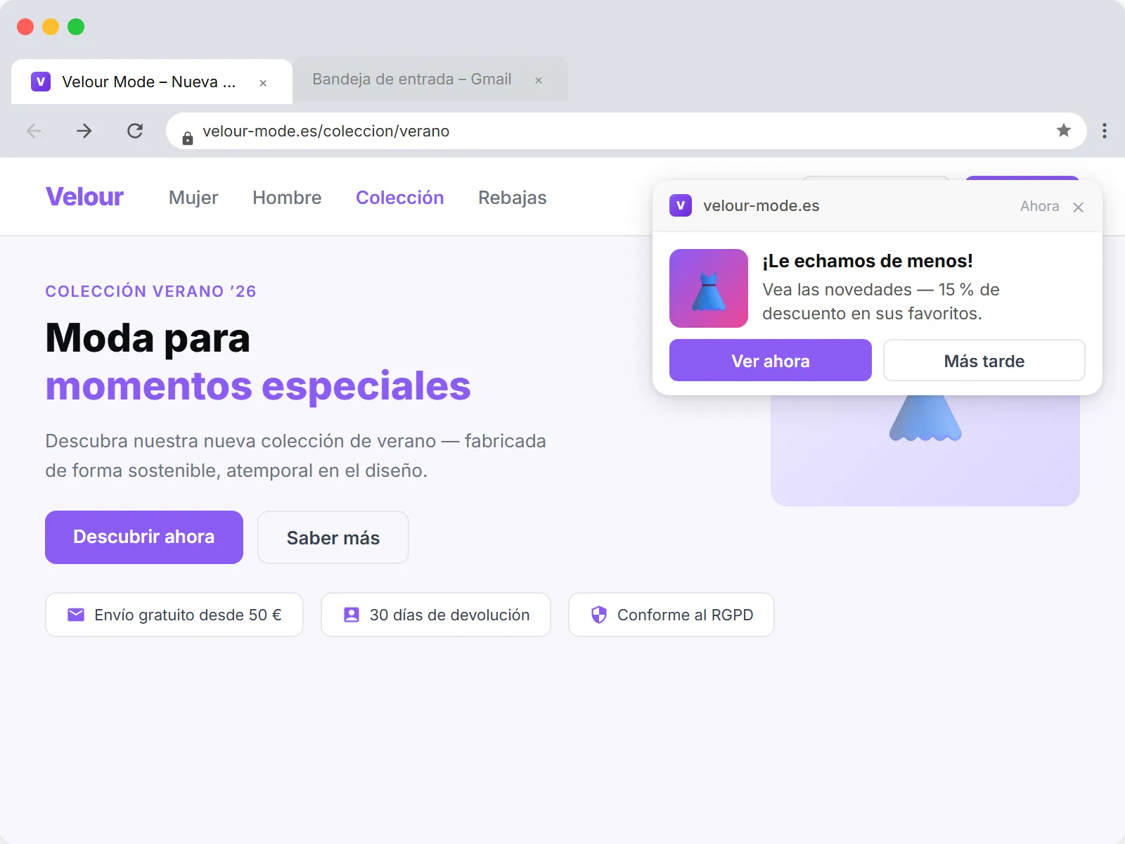 Reactivación Browser Push en Chrome: una notificación win-back Te echamos de menos aparece como toast arriba a la derecha, en segundo plano la página web correspondiente