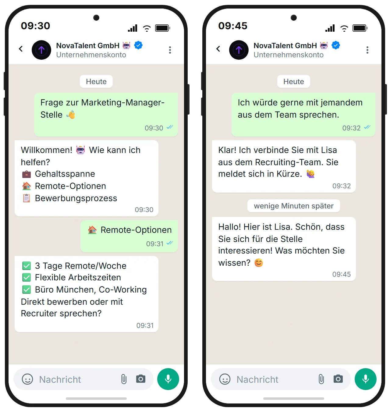 KI-Chatbot beantwortet Bewerber-FAQ zu Remote-Optionen und übergibt an Recruiter