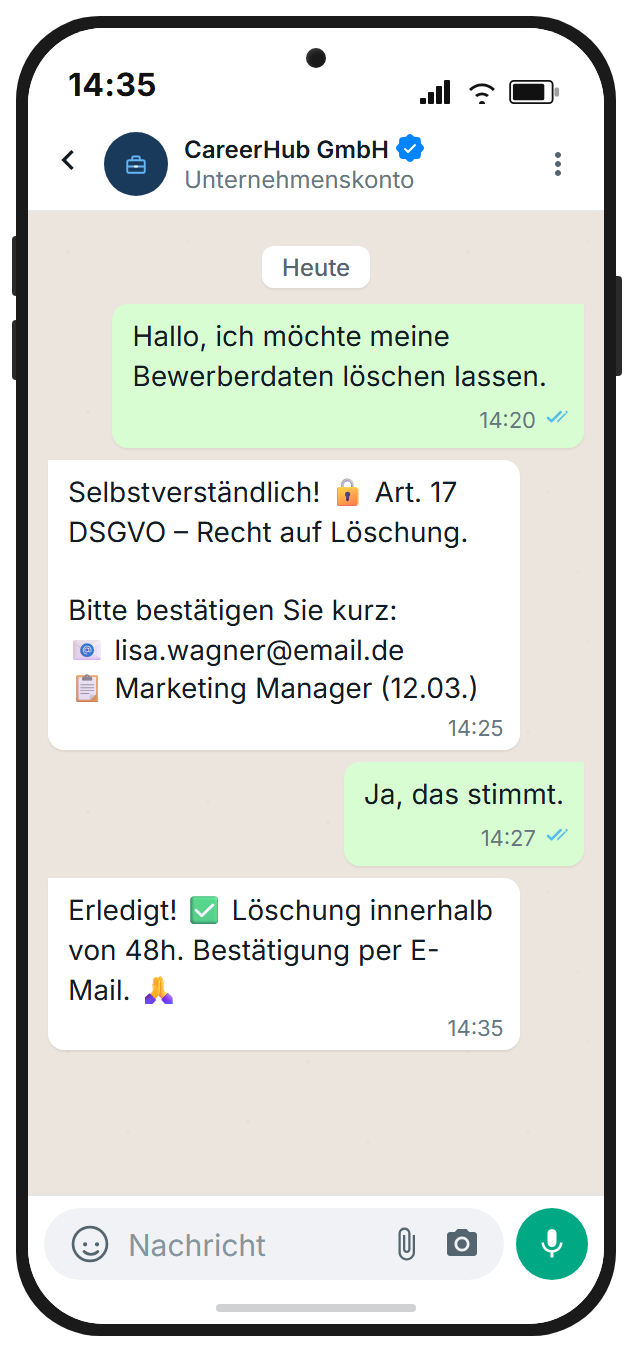Dialogo WhatsApp: candidata richiede cancellazione dati GDPR