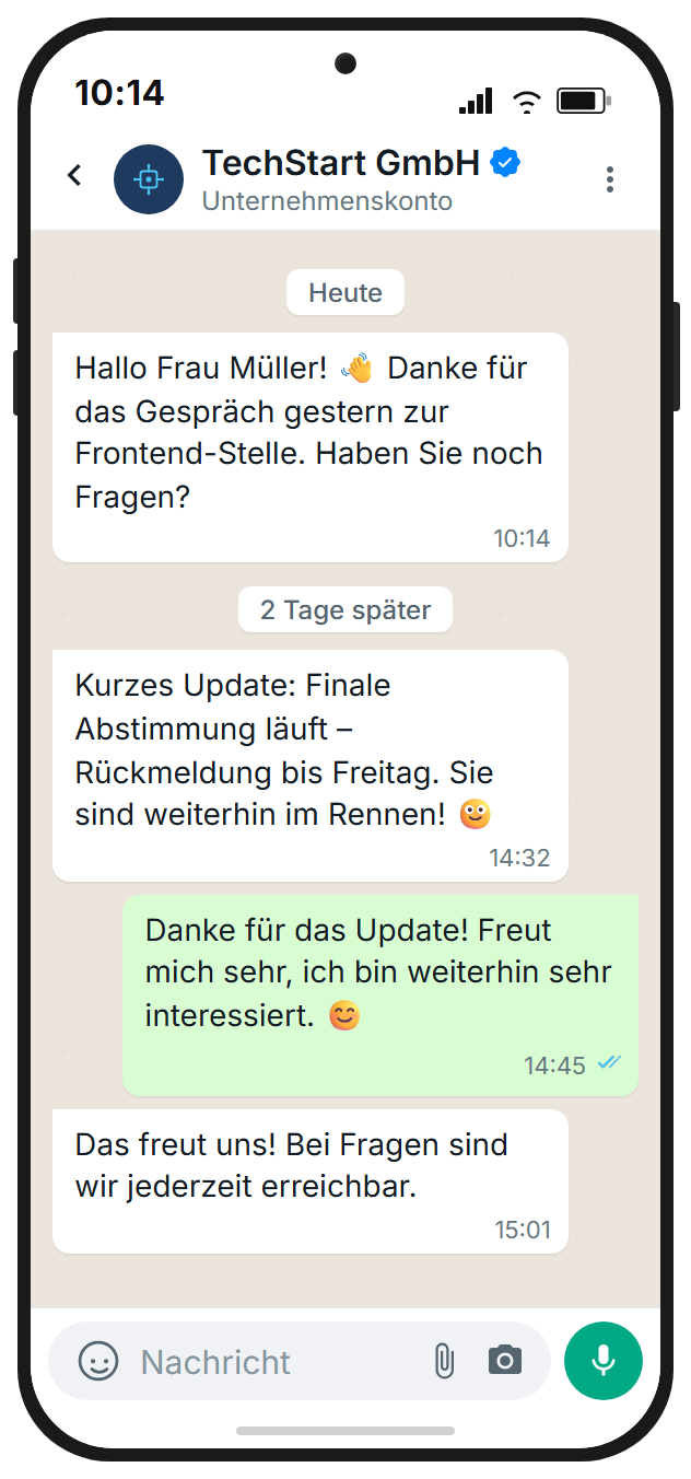 WhatsApp follow-up sequence against candidate ghosting: 3 messages over multiple days