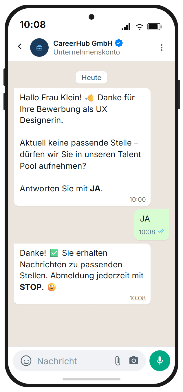 Double opt-in conforme al GDPR per il pool di talenti via WhatsApp
