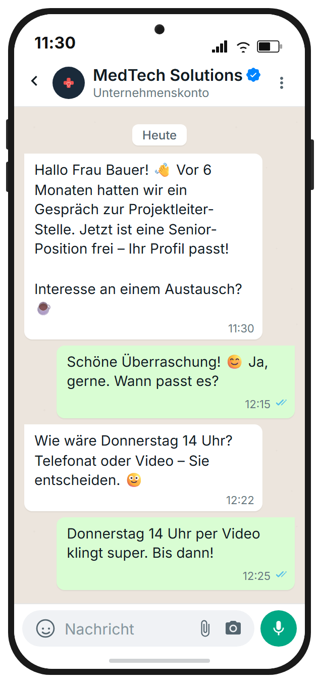 WhatsApp broadcast message for talent pool reactivation: personalised message to former candidates