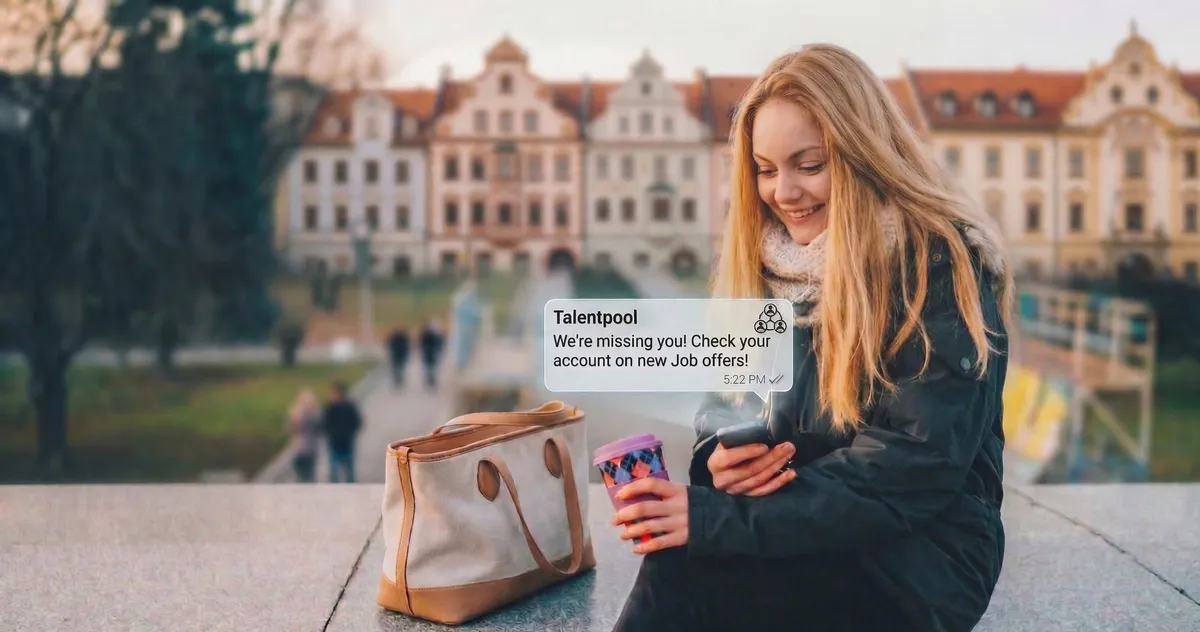 Kandidatin erhält eine Talent-Pool-Reaktivierungsnachricht auf dem Smartphone und reagiert positiv