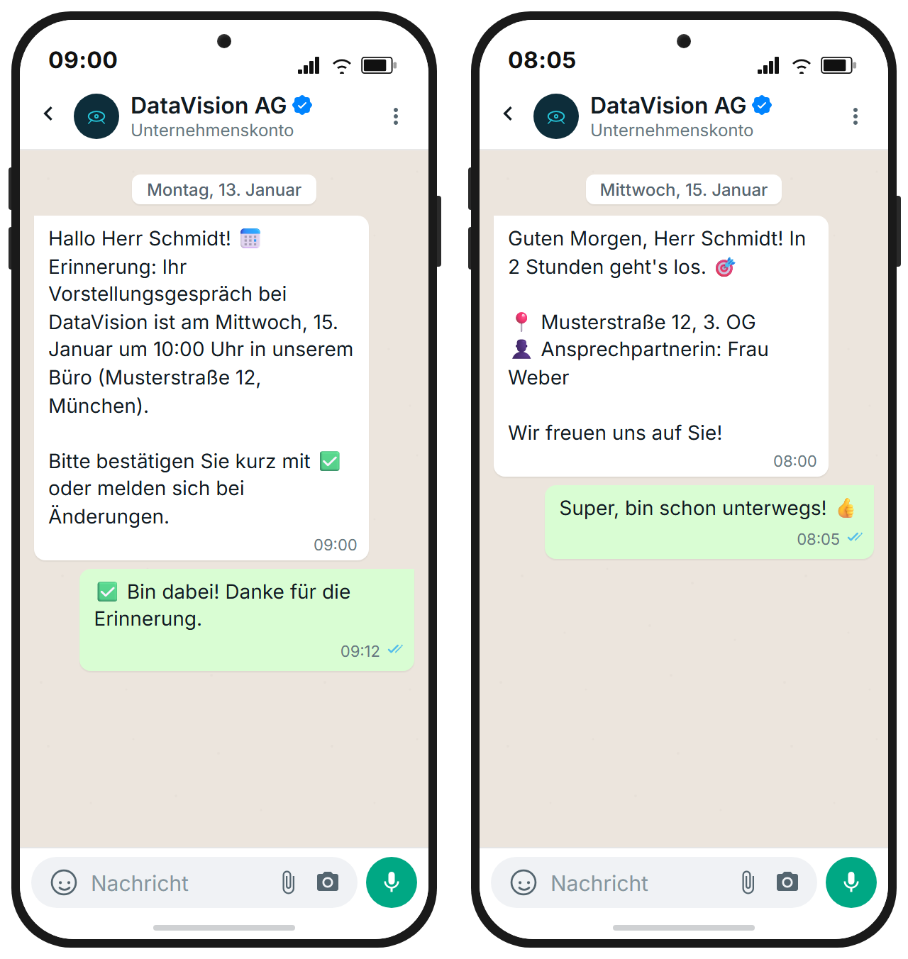 WhatsApp reminder sequence: 48h and 2h before the interview appointment