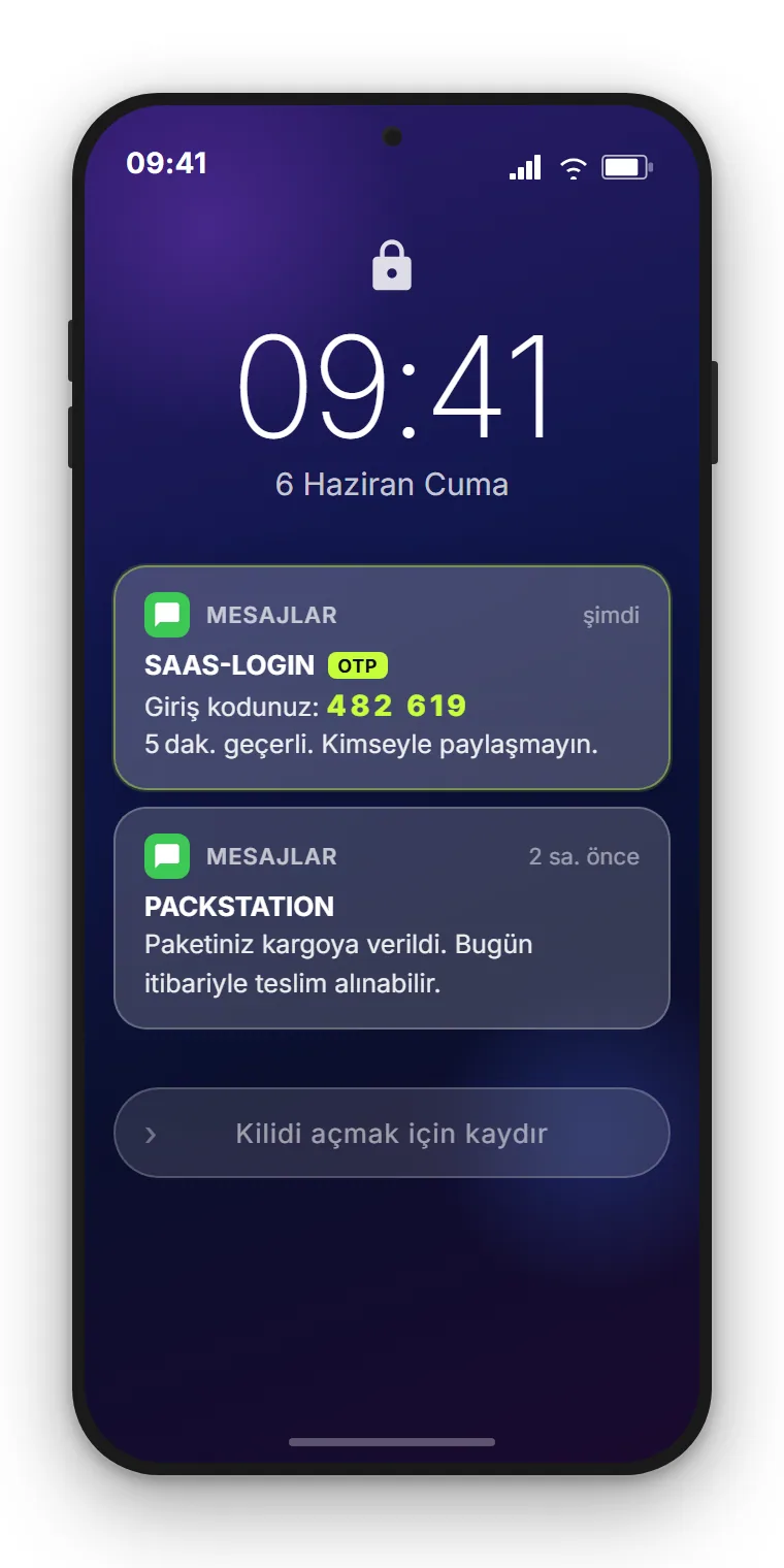 Akıllı telefon kilit ekranı: SAAS-GIRIS gönderici adından 6 haneli doğrulama kodu içeren gelen OTP SMS, yanında kod giriş alanı olan giriş ekranı