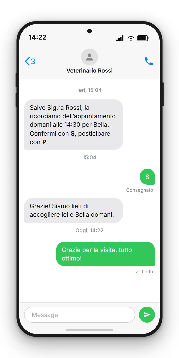 Promemoria SMS di SendSeven sulla schermata di blocco di uno smartphone: promemoria per un appuntamento il giorno seguente con opzioni di risposta S (Sì) e R (Rimanda)