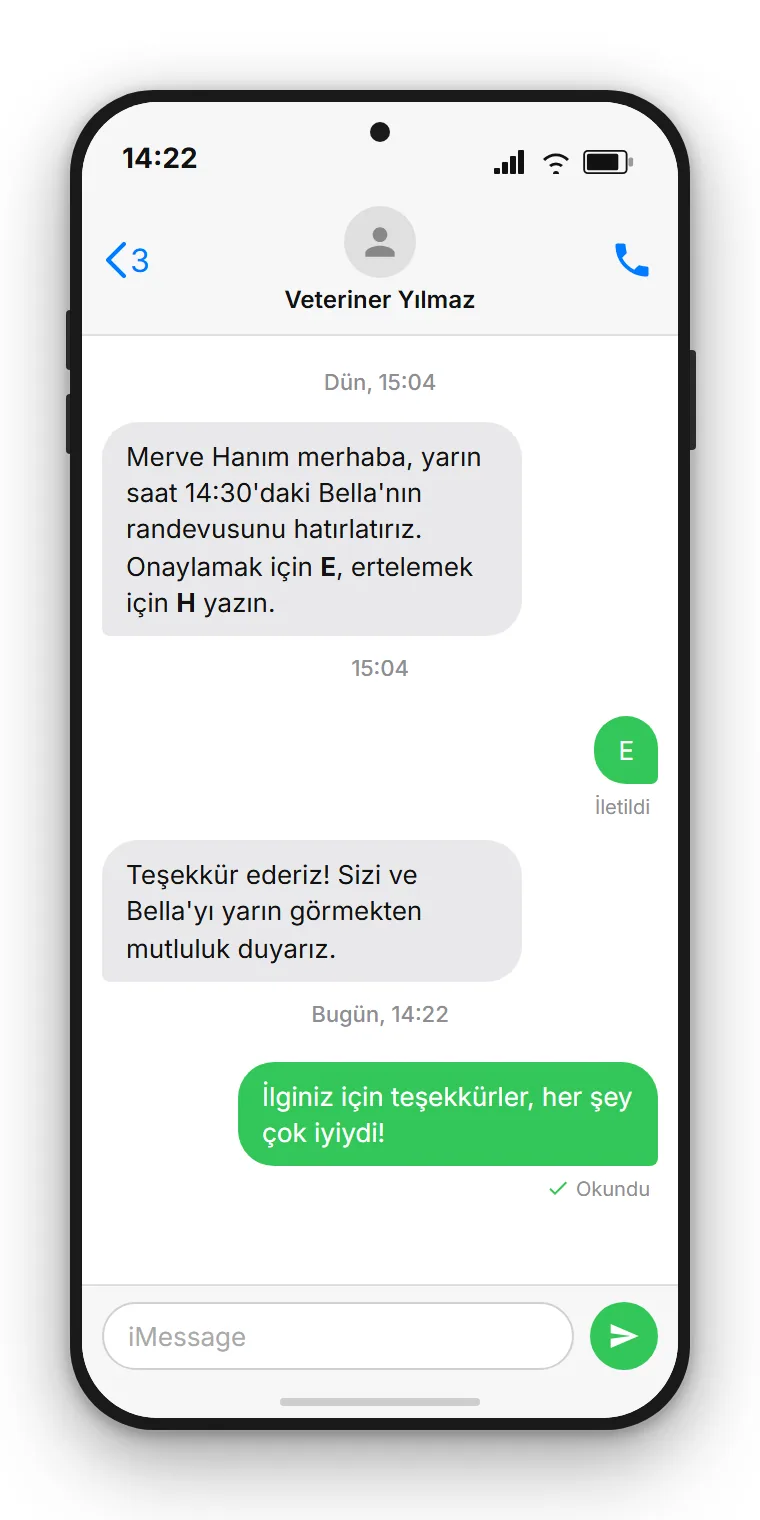 Akıllı telefon kilit ekranında SendSeven'dan randevu hatırlatıcısı: yarın saat 14:30 randevusu için kısa onay seçenekleriyle hatırlatma mesajı