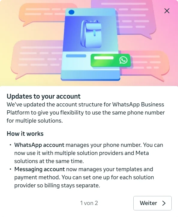 SendSeven blog: screenshot from Meta Business Suite showing the notice Updates to your account, one number for several providers