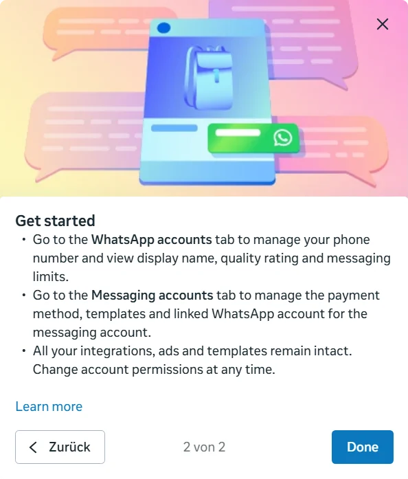 SendSeven blog: screenshot from Meta Business Suite with the tabs WhatsApp accounts for the number and Messaging accounts for payment method and templates
