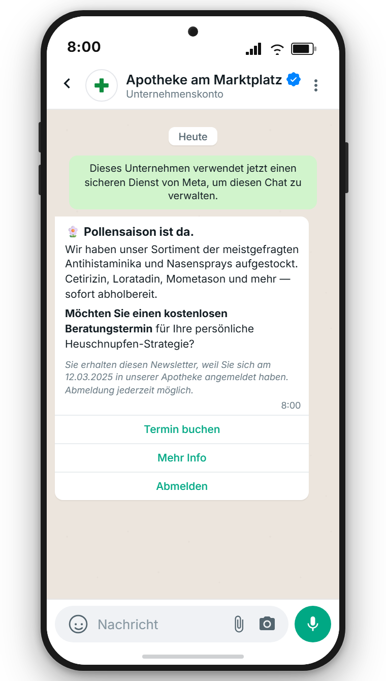 WhatsApp-Newsletter zum Start der Pollensaison mit Termin-Button