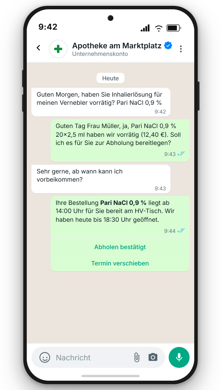 WhatsApp-Reservierungsbestätigung mit Buttons Botendienst und Selbst abholen