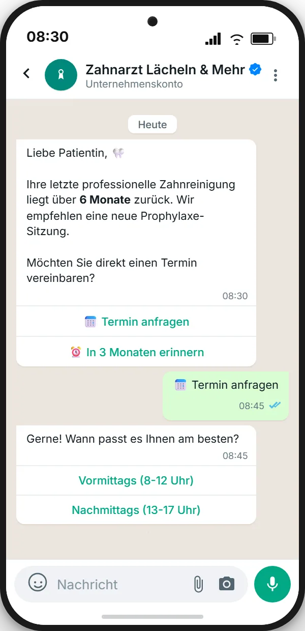 WhatsApp Vorsorge-Recall: Zahnarzt erinnert Patientin an Prophylaxe-Termin