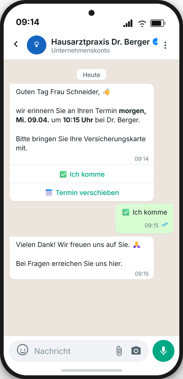 WhatsApp-Terminerinnerung mit Bestätigungs-Buttons in einer Arztpraxis