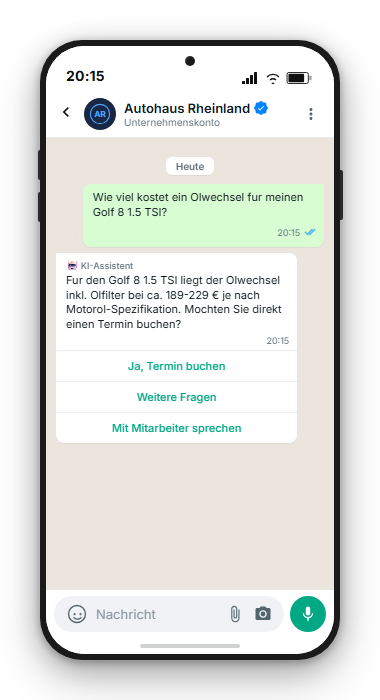 WhatsApp-Chat: Kunde fragt nach Ölwechsel-Preis für Golf 8, KI-Chatbot antwortet mit Preis und Termin-Buttons