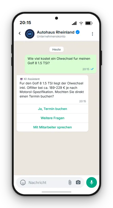 WhatsApp-Chat: Kunde fragt nach Ölwechsel-Preis für Golf 8, KI-Chatbot antwortet mit Preis und Termin-Buttons
