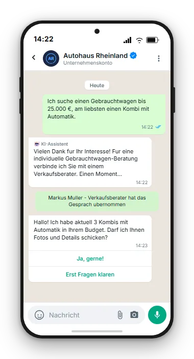 WhatsApp-Chat: KI-Chatbot übergibt Gebrauchtwagen-Beratung an Verkaufsberater Markus Müller