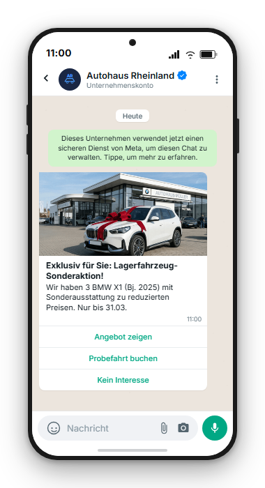 WhatsApp-Broadcast Lagerfahrzeug-Aktion eines Autohauses mit Buttons Angebot zeigen und Probefahrt buchen