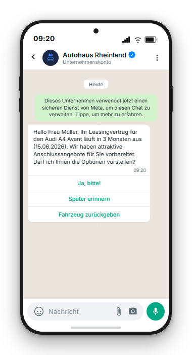 Personalisierte WhatsApp-Nachricht zu Leasing-Auslauf mit Buttons Angebot ansehen und Termin buchen