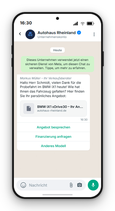 WhatsApp Follow-up nach Probefahrt: Verkaufsberater sendet personalisiertes Angebot mit Buttons für Finanzierung und Rückruf