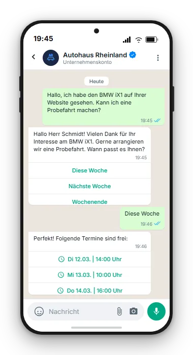 WhatsApp-Chat im Autohaus: Kunde fragt nach Probefahrt für BMW iX1, Bot antwortet mit Terminvorschlägen als Buttons