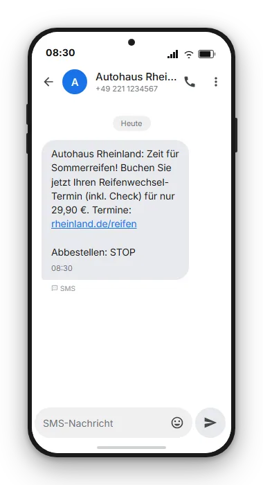 SMS-Nachricht Reifenwechsel-Aktion: Ihre Sommerreifen sind bereit, Termin buchen per Link