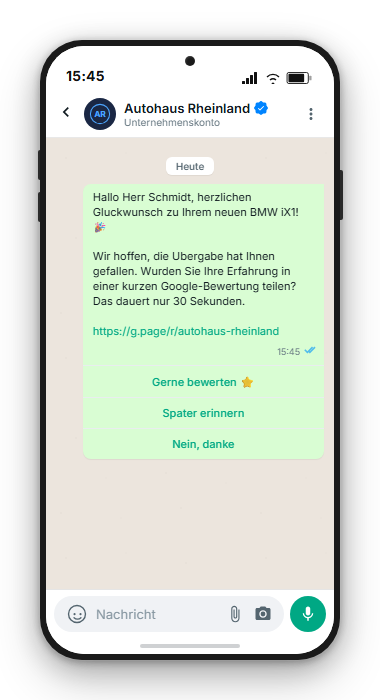 WhatsApp-Chat: Autohaus gratuliert zum neuen BMW iX1 und bittet um Google-Bewertung mit direktem Link und Buttons