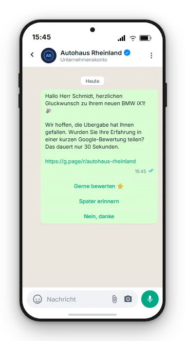 WhatsApp-Chat: Autohaus gratuliert zum neuen BMW iX1 und bittet um Google-Bewertung mit direktem Link und Buttons