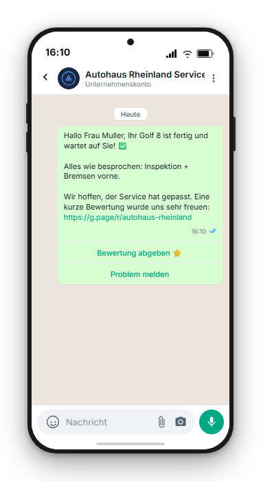 WhatsApp-Chat: Autohaus informiert über fertigen Golf 8 und bittet um Werkstatt-Bewertung mit Google-Link