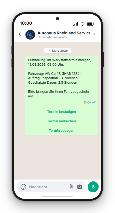 WhatsApp-Werkstatterinnerung: Ihr Termin morgen 09:00, VW Golf 8, Inspektion und Ölwechsel, mit Buttons Bestätigen, Umbuchen, Absagen