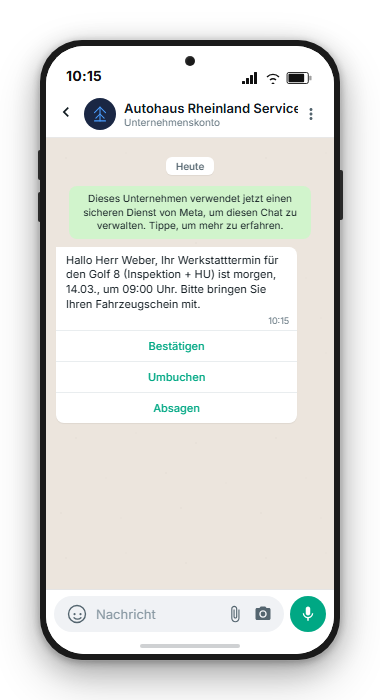 SMS-Werkstatt-Erinnerung mit Bestätigungs-Button: Termin morgen 09:00, VW Golf Inspektion