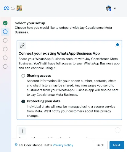 Meta Embedded Signup Auswahl-Bildschirm: Connect your existing WhatsApp Business App auswählen für Coexistence-Modus