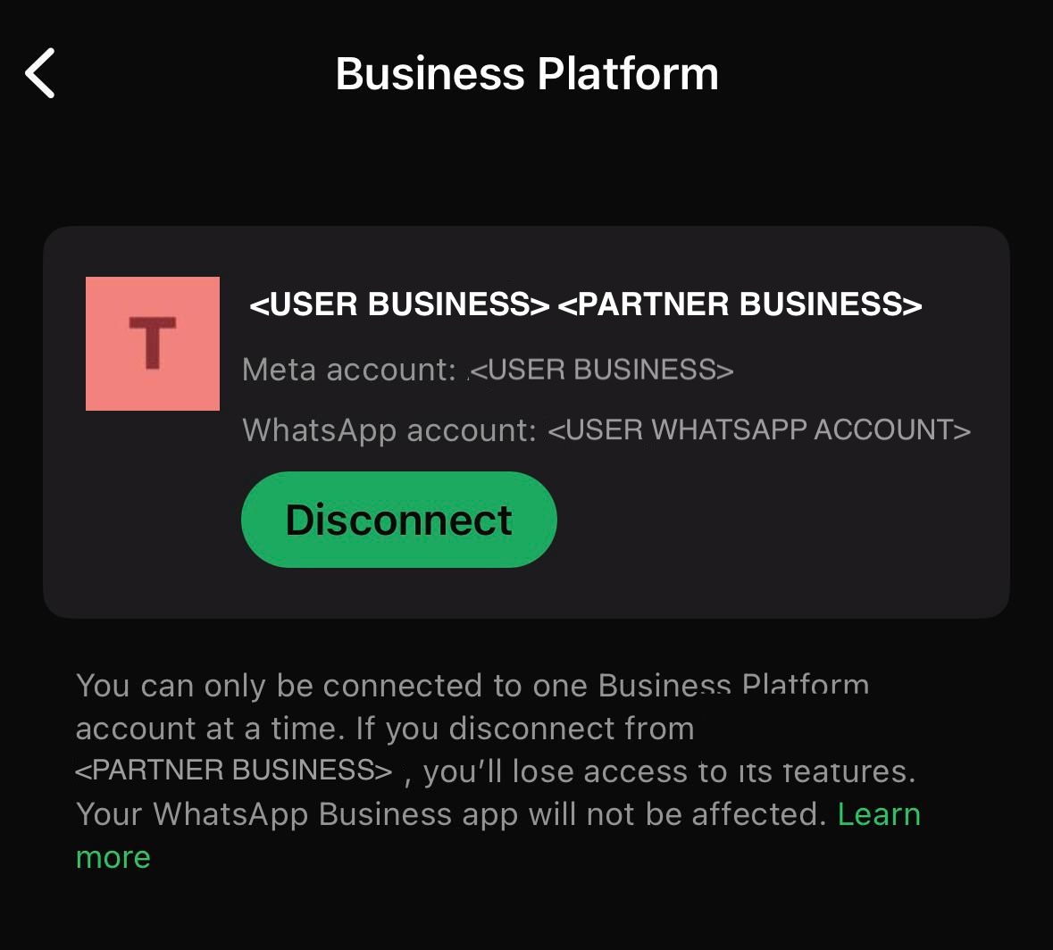 WhatsApp Business App Business Platform screen showing the connected account and a Disconnect button