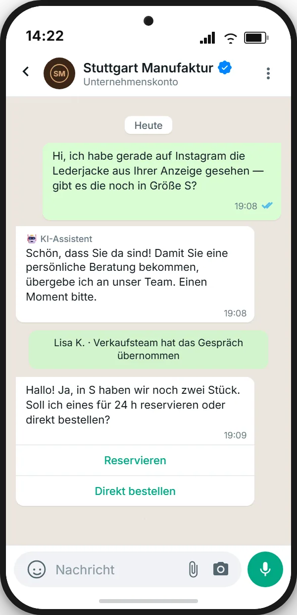 Transfert du bot à un collaborateur dans le chat WhatsApp — tunnel CTWA e-commerce mode