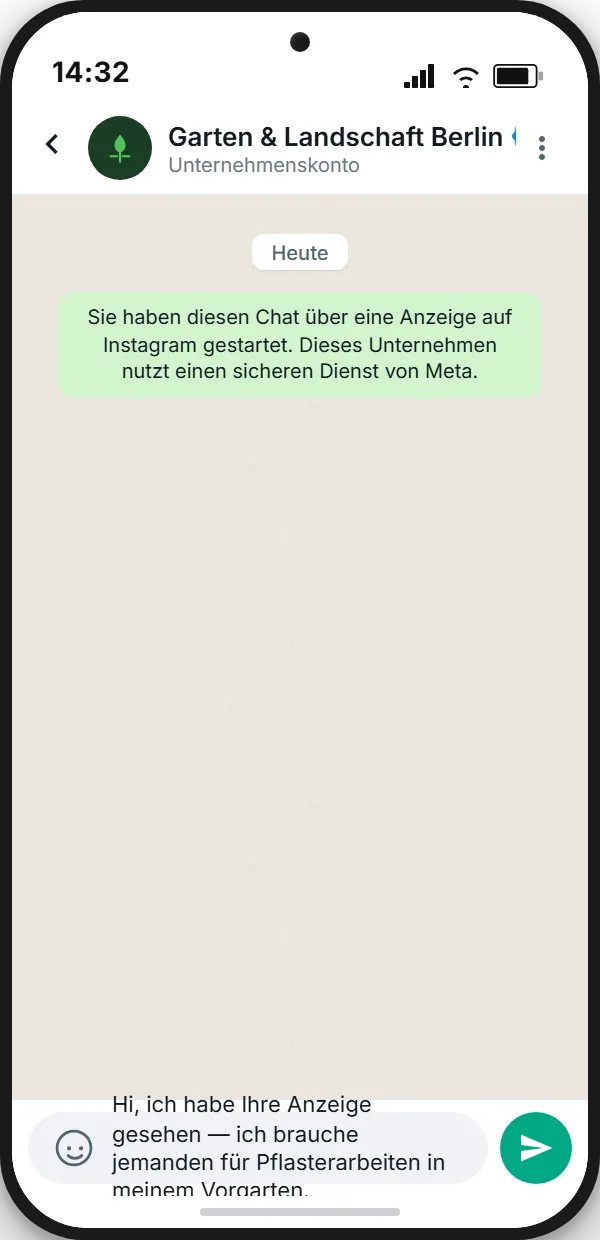 Champ de saisie WhatsApp avec message pré-rempli depuis une Click-to-WhatsApp Ad — avant que l'utilisateur n'envoie