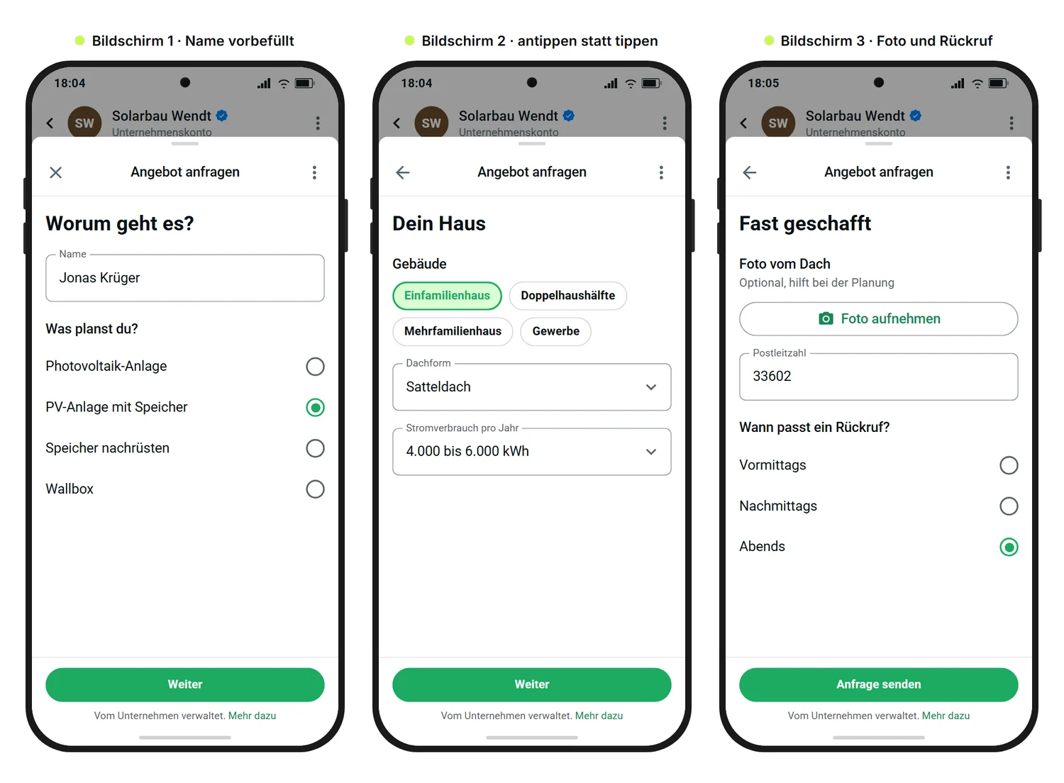 SendSeven Mockup: drei Bildschirme eines WhatsApp Flows für eine Solaranfrage mit vorbefülltem Namen, Auswahlfeldern zum Haus, Foto-Upload und Rückrufzeit