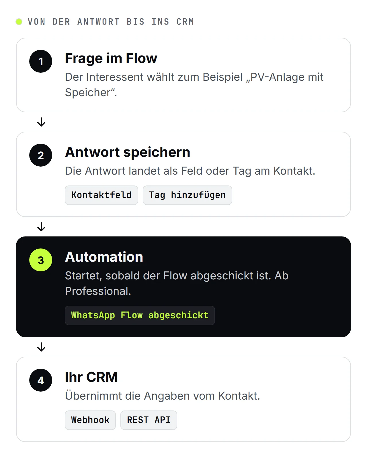 Schema von SendSeven in vier Schritten: Frage im WhatsApp Flow, Antwort als Kontaktfeld oder Tag gespeichert, Automation mit dem Auslöser WhatsApp Flow abgeschickt, Übergabe an Ihr CRM per Webhook oder REST API