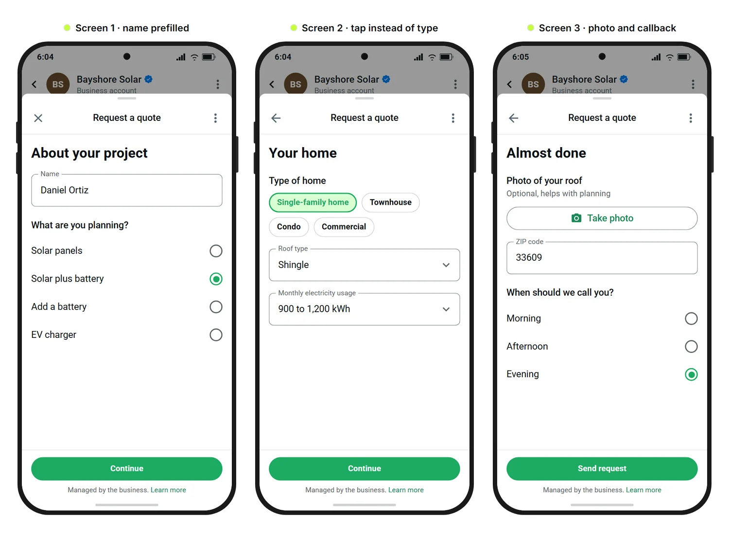 SendSeven mockup: three screens of a WhatsApp Flow in which a solar installer collects a quote request, with the name prefilled, choices for the project, type of home, roof and monthly electricity usage, and a roof photo upload with ZIP code and callback time