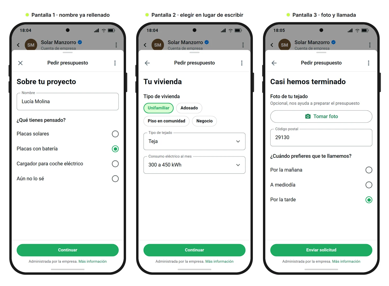 Maqueta de SendSeven: tres pantallas de un WhatsApp Flow con el que un instalador de placas solares recoge una solicitud de presupuesto, con el nombre ya rellenado, opciones para el proyecto, el tipo de vivienda, el tejado y el consumo eléctrico mensual, y subida de una foto del tejado con código postal y franja para la llamada