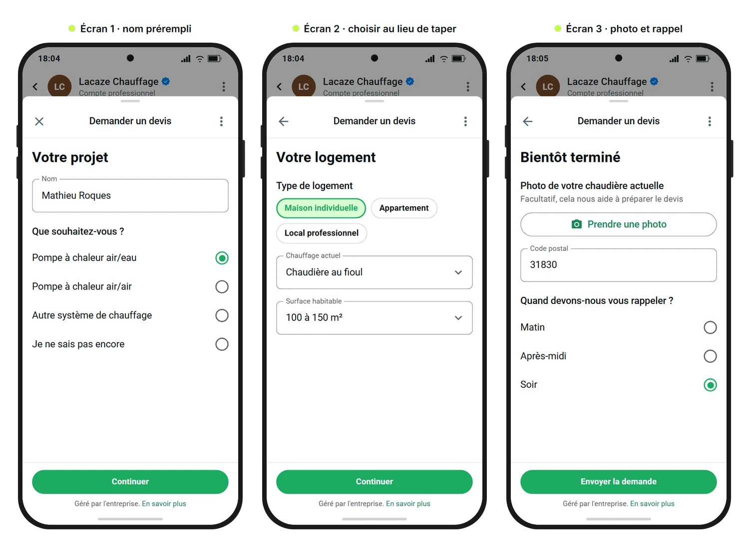 Maquette SendSeven : trois écrans d'un WhatsApp Flow avec lequel un installateur de pompes à chaleur recueille une demande de devis, avec le nom prérempli, des choix pour le projet, le type de logement, le chauffage actuel et la surface, puis l'envoi d'une photo de la chaudière, le code postal et le créneau de rappel