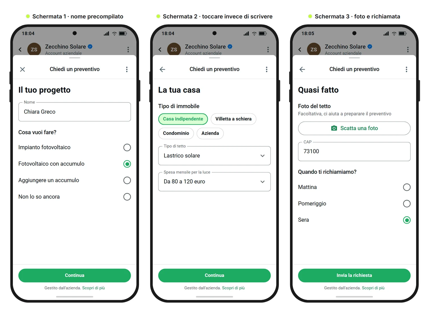 Mockup di SendSeven: tre schermate di un WhatsApp Flow con cui un installatore di impianti fotovoltaici raccoglie una richiesta di preventivo, con il nome precompilato, scelte per progetto, tipo di immobile, tetto e spesa mensile per la luce, e il caricamento della foto del tetto con CAP e orario per la richiamata