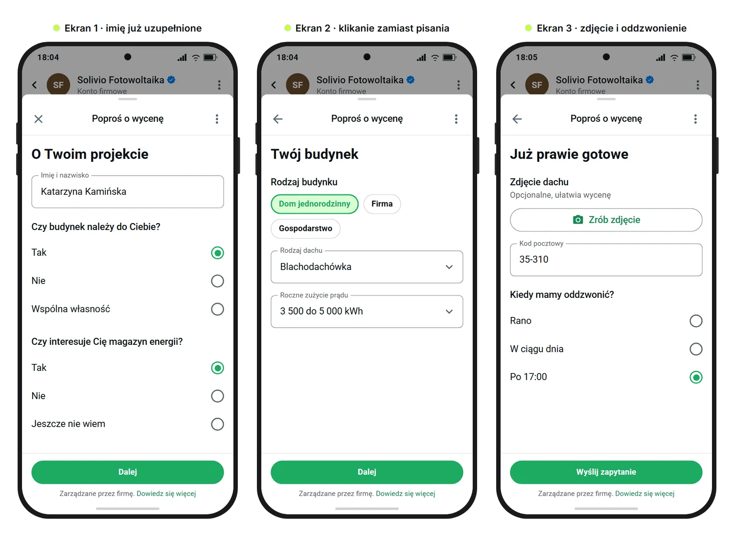 Przykładowa grafika SendSeven: trzy ekrany WhatsApp Flow, w którym instalator fotowoltaiki zbiera zapytanie o wycenę, z uzupełnionym imieniem, pytaniami o własność budynku i magazyn energii, wyborem rodzaju budynku i dachu, rocznym zużyciem prądu oraz zdjęciem dachu z kodem pocztowym i porą oddzwonienia