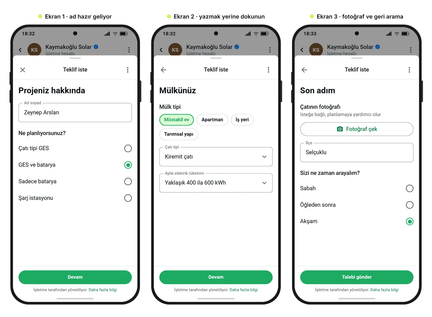 SendSeven örnek görseli: Bir GES kurulum firmasının teklif talebini topladığı WhatsApp Flow'un üç ekranı; hazır gelen ad, proje, mülk tipi, çatı tipi ve aylık elektrik tüketimi için seçenekler, çatı fotoğrafı yükleme, ilçe ve geri arama zamanı