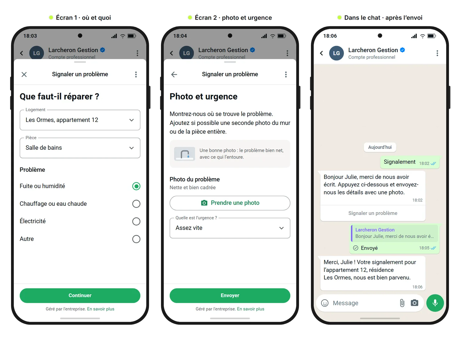 Maquette SendSeven : signalement de réparation d'un gestionnaire locatif fictif en trois vues, avec le choix du logement, de la pièce et du problème, un envoi de photo avec une image d'exemple et une question sur l'urgence, puis la confirmation dans le chat