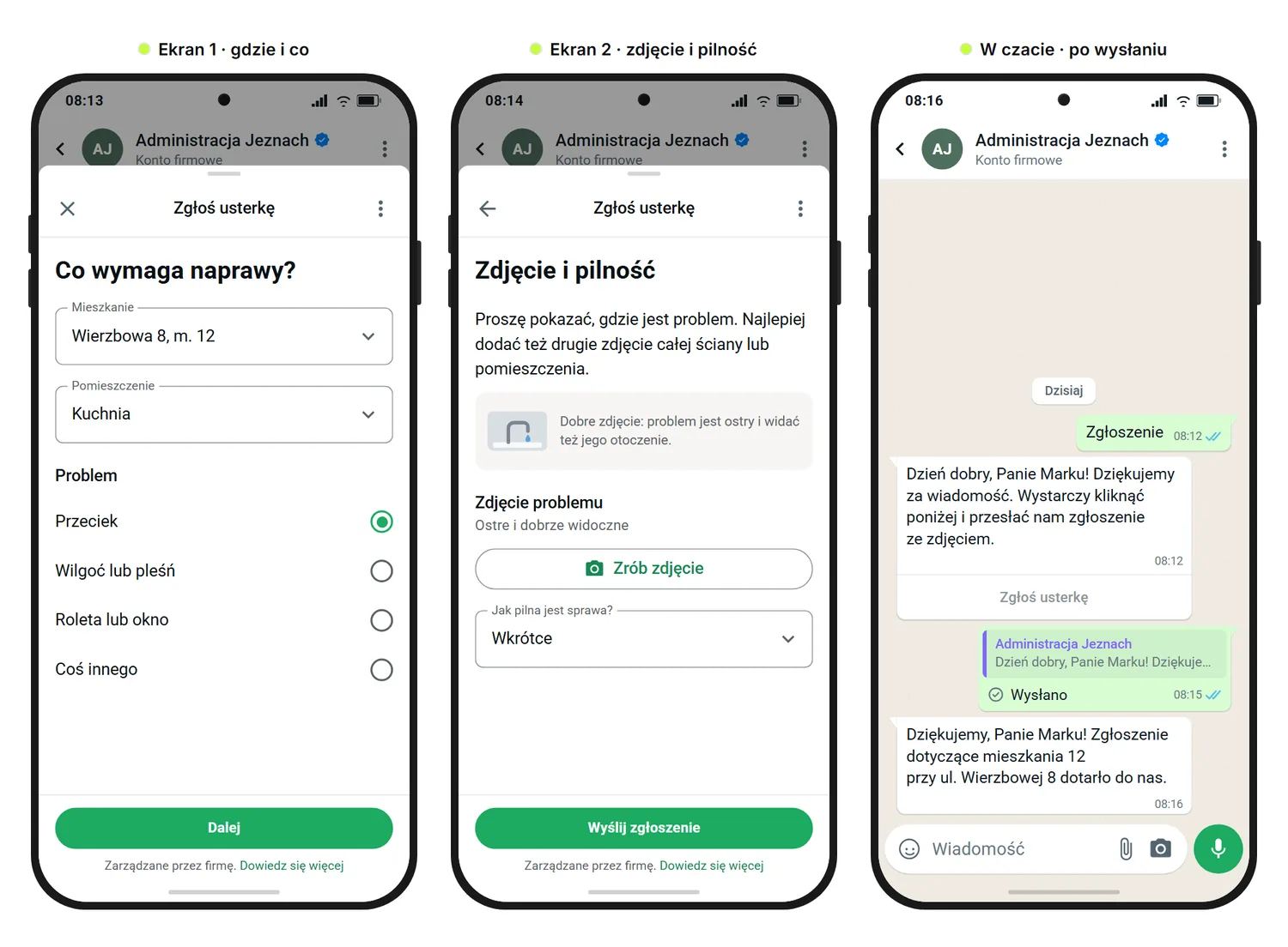 Przykładowa grafika SendSeven: zgłoszenie usterki w fikcyjnej firmie zarządzającej nieruchomościami na trzech widokach, z wyborem mieszkania, pomieszczenia i problemu, przesyłaniem zdjęcia z przykładowym obrazem i pytaniem o pilność oraz potwierdzeniem w czacie