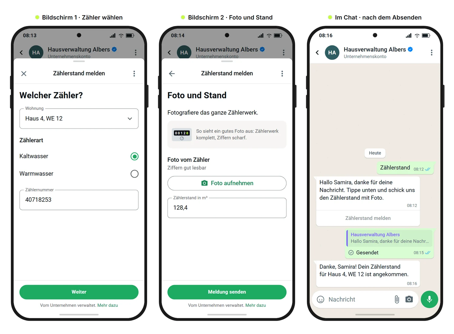 Beispielgrafik, SendSeven Mockup: Zählerstand-Meldung einer erfundenen Hausverwaltung in drei Ansichten mit Zählerauswahl, Foto-Upload samt Beispielbild und Bestätigung im Chat