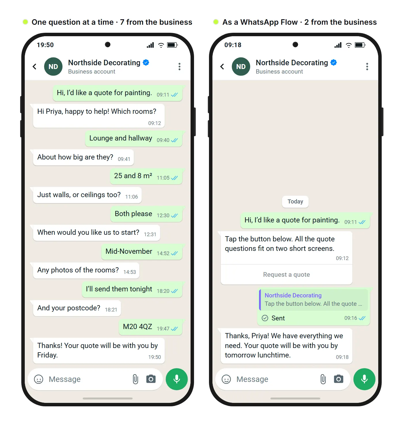 SendSeven mockup: a quote request to a decorating firm in WhatsApp, with questions asked one at a time on the left and the same request as a WhatsApp Flow on the right