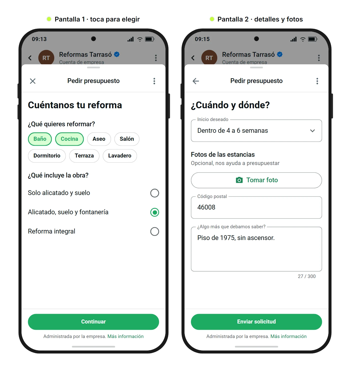 Maqueta de SendSeven: dos pantallas de un WhatsApp Flow de solicitud de presupuesto, con chips de selección, subida de fotos, código postal y un campo de texto